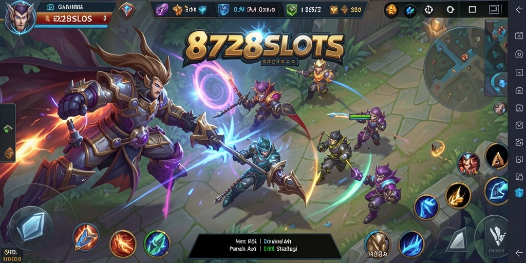 Tangkapan layar utama menampilkan aksi intens dalam permainan MOBA 8728SLOTS.