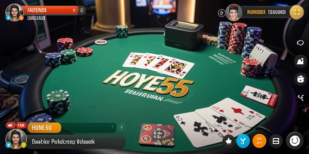 Screenshot gameplay HOYE55 menampilkan suasana permainan Poker yang seru dan mendebarkan.